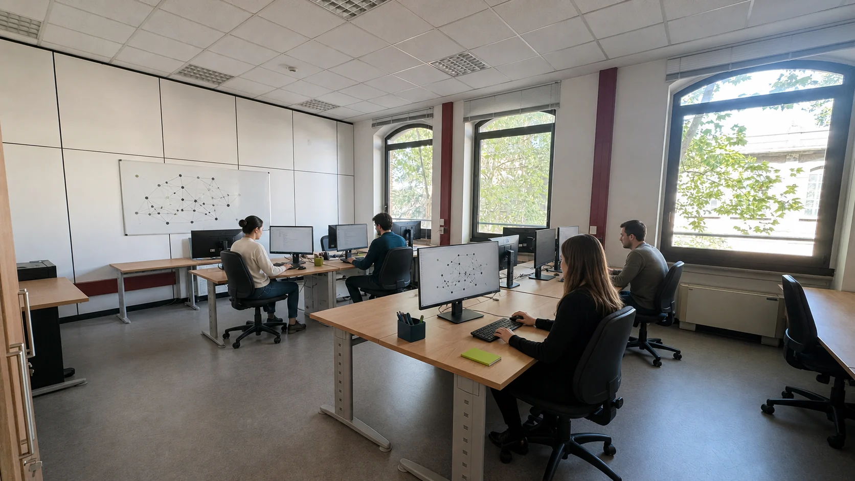 AI-assisted view of room 1033 with four generated researchers working at tidy computer desks