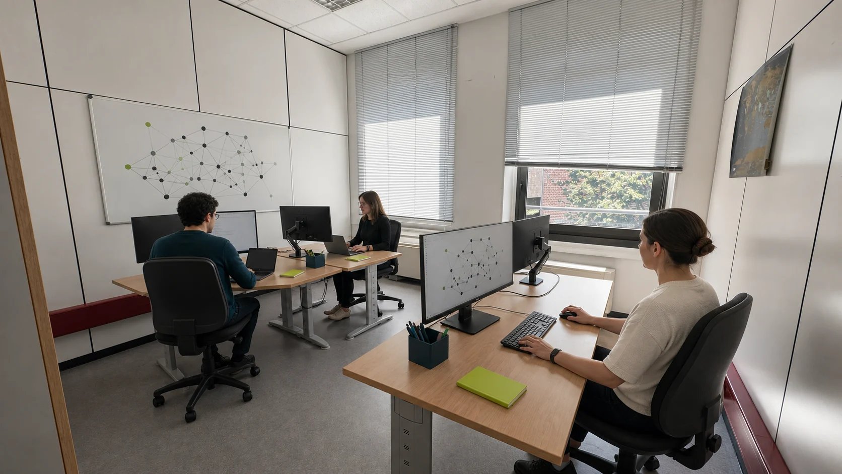 AI-assisted view of room 1022 with three generated researchers working at tidy computer desks